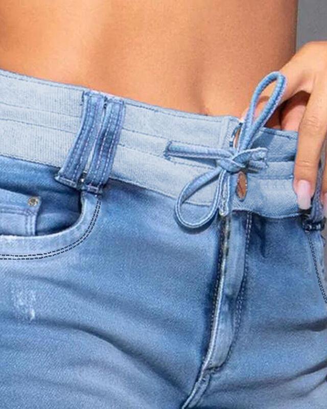 Chicme Contrast Binding Ripped Drawstring Denim Skorts denim  skirt