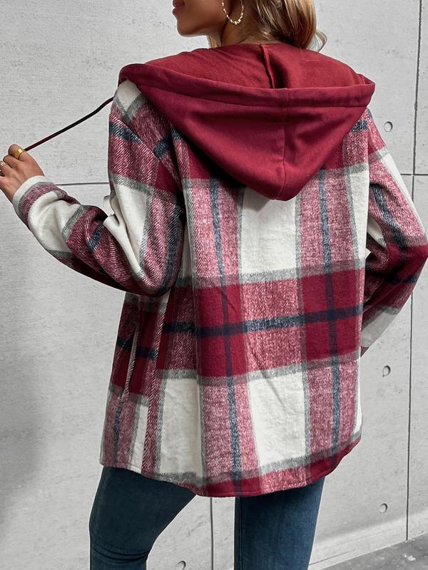Women's Plaid Print Button Front Drawstring Hooded Coat, Casual Long Sleeve Drop Shoulder Pocket Outerwear for Fall & Winter, Ladies Clothes for Daily Wear