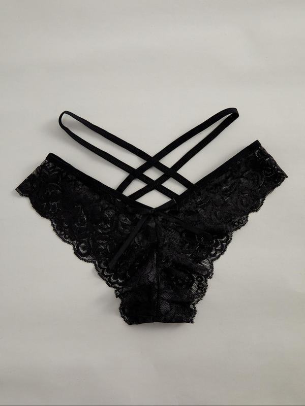 Women's Floral Lace Criss Cross Bow Decor Sheer Thong Set, Fall Wear, Breathable Comfortable Scallop Trim Sexy Knicker, Underwear, Womenswear, Soft Lingerie Set for All Seasons, Birthday Wear Black Girl, Fall Wear