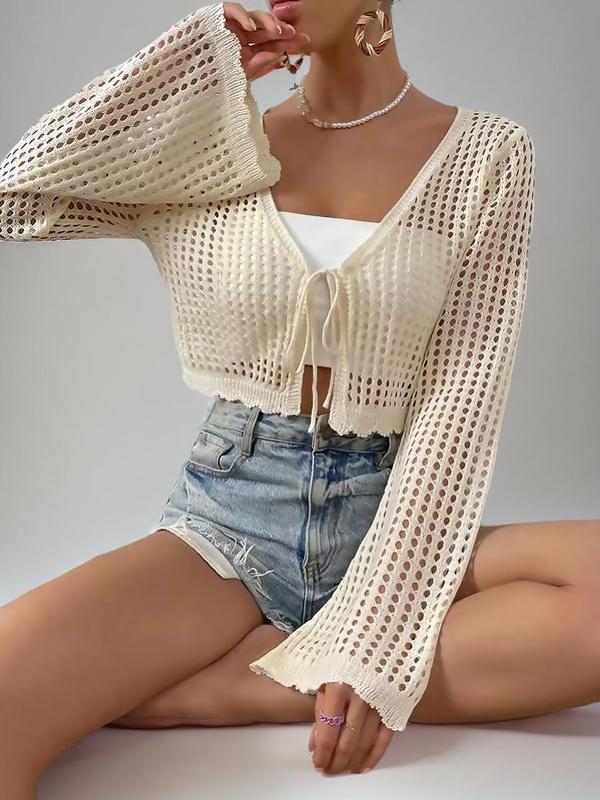 Women's Hollow Out Tie Front Crop Cardigan Sweater, Rave Outfits, Mufti Clothes, Flounce Sleeve V Neck Cover Up Knitwear, Summer Tops, Back To School Clothes, Summer Clothes, Women's Knit Clothing, Downtown Girl Clothes, Preppy 80s Clothes