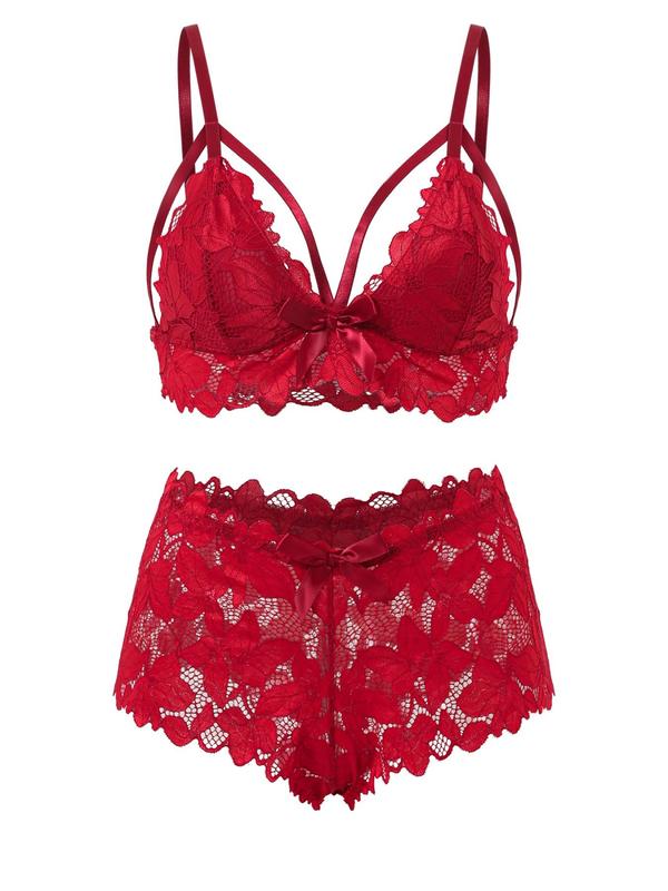  Women's Bow Decor Lace Bra & Scallop Trim Brief Boxer Set, Adjustable Strap Push Up Lingerie & Sheer Panty Set, Lingerie Set for Women, Soft Comfy Breathable Underwear Set for Women, 2 Piece Sets Women