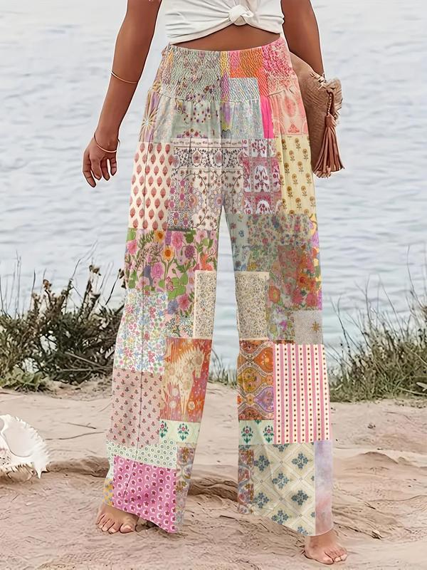 Women's Patchwork Print Elastic Waist Wide Leg Pants, Boho Casual Trousers for Beach Vacation Holiday, Ladies Bottoms for All Seasons, Preppy 80s Clothes