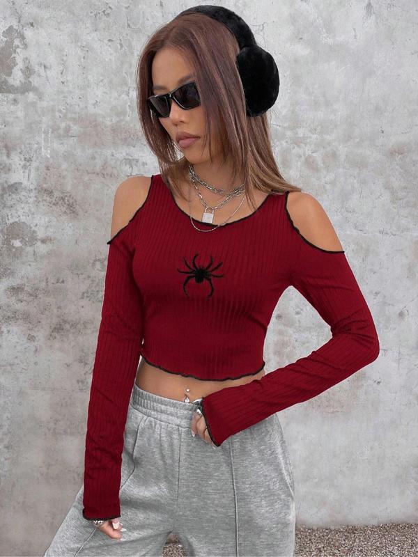 Women's Spider Embroidery Lettuce Trim Cold Shoulder Crop Tee, Y2K Trendy Long Sleeve Cut Out T-shirt for Daily Wear, Ladies Clothes for All Seasons