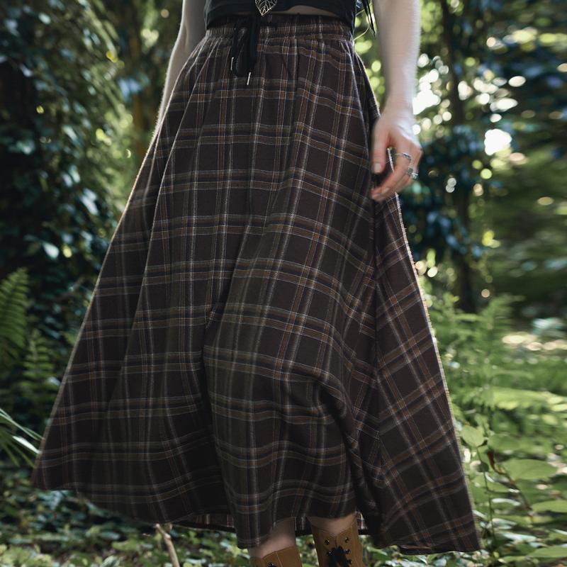 ROMWE Fairycore Drawstring Waist Tartan Skirt, School