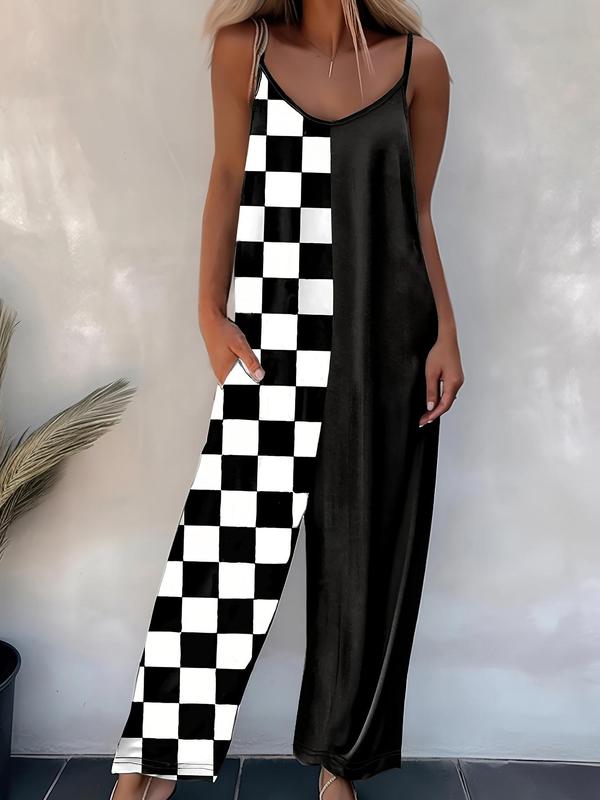 Women's Colorblock Plaid Print Pocket Backless Cami Jumpsuit, Casual Adjustable Spaghetti Strap Wide Leg Jumpsuit for Summer, Ladies Clothes for Daily Wear
