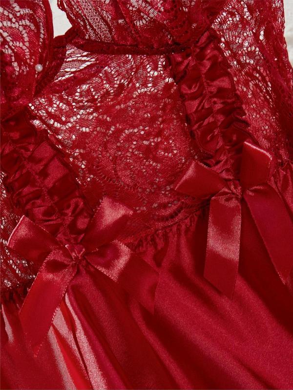 Women's Bow Front Contrast Lace Frill Trim Sheer Cami Nightdress & Open Front Robe Pyjama Two-piece Set, Elegant Comfy Spaghetti Strap Nightgown & Long Sleeve Robe Set,  Pajama Sets Women, Ladies Sleepwear