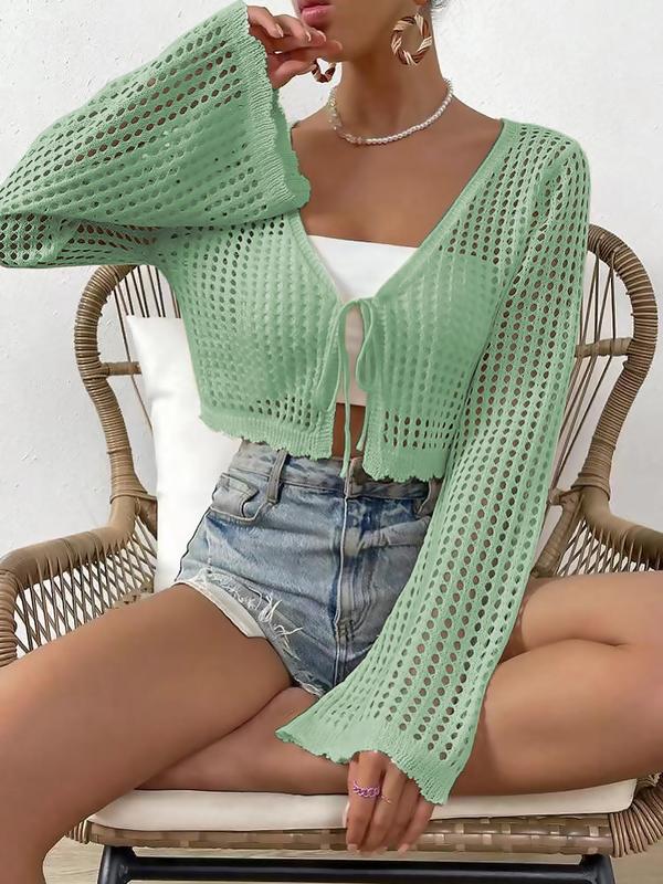 Women's Hollow Out Tie Front Crop Cardigan Sweater, Rave Outfits, Mufti Clothes, Flounce Sleeve V Neck Cover Up Knitwear, Summer Tops, Back To School Clothes, Summer Clothes, Women's Knit Clothing, Downtown Girl Clothes, Preppy 80s Clothes