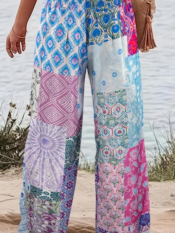 Women's Patchwork Print Elastic Waist Wide Leg Pants, Boho Casual Trousers for Beach Vacation Holiday, Ladies Bottoms for All Seasons, Preppy 80s Clothes