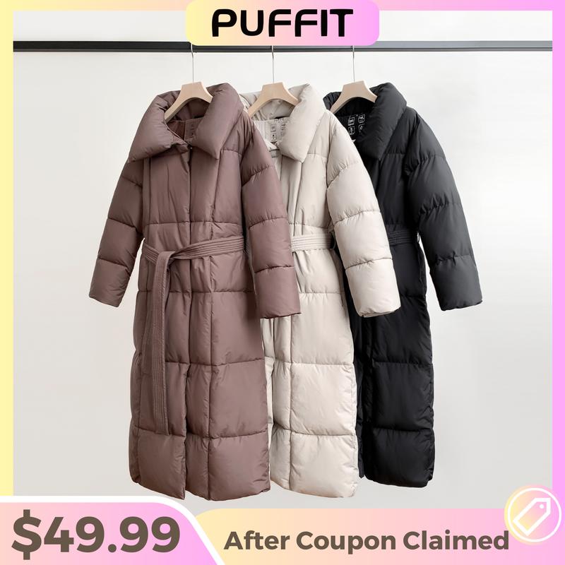 PUFFIT Extra Long Belted Button Premium Puffer Jacket, Warm Winter Coat for Women, Ladies Classic Quilted Padded Coat Big Pocket Large Lapel