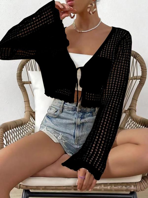 Women's Hollow Out Tie Front Crop Cardigan Sweater, Rave Outfits, Mufti Clothes, Flounce Sleeve V Neck Cover Up Knitwear, Summer Tops, Back To School Clothes, Summer Clothes, Women's Knit Clothing, Downtown Girl Clothes, Preppy 80s Clothes