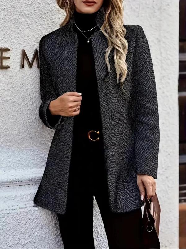 Women's Solid Color Stand Collar Open Front Jacket, Casual Long Sleeve Outerwear for Fall & Winter, Women's Clothing for Daily Wear
