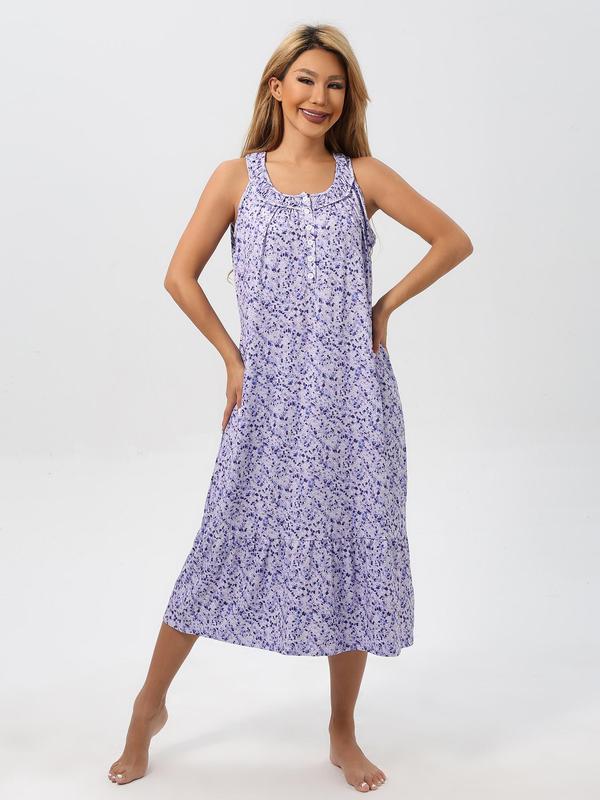Women's Pocket Button Front Ruffle Hem Nightdress Pj, Summer Clothes Women, Ruched Tank Loungewear Dress for Summer,  Nighties,  Sleepwear for Indoor Wear