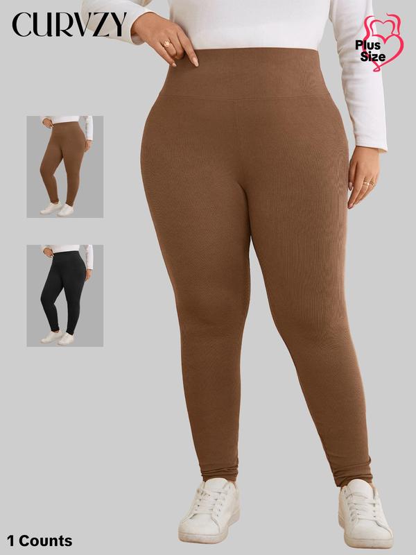 CURVZY Plus Size Solid High Waist Ribbed Leggings, Casual Comfy Skinny Pants for Daily Wear, Women's Bottoms for All Seasons