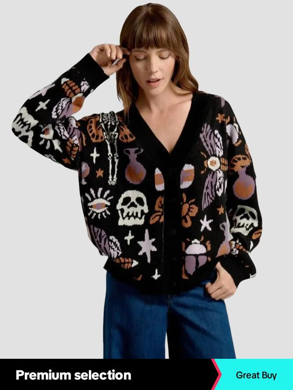 Women's All Over Skull Print Button Front Cardigan, Halloween Themed Lady Comfort Casual Drop Shoulder Long Sleeve V Neck Knitwear for Fall, Fashion Ladies' Knit Clothing for Daily Womenswear, Experimental Outfits, Spirit Halloween 2024
