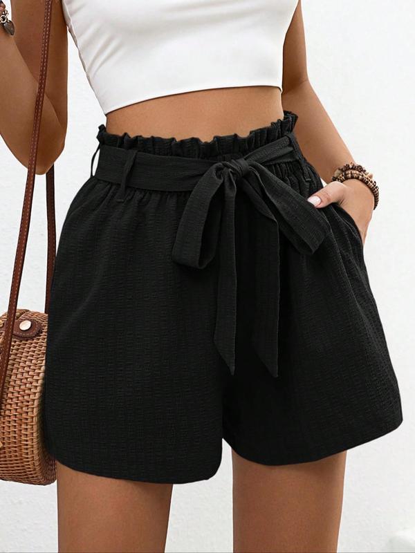 Women's Solid Paper Bag Waist Belted Shorts, Casual Frill Trim Pocket Shorts for Summer, Fashion Women's Bottoms for Daily Wear