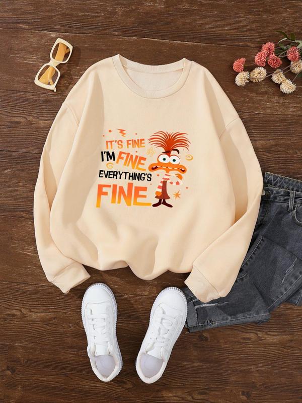 Women's Cartoon & Letter Print Drop Shoulder Sweatshirt, Casual Long Sleeve Round Neck Pullover for Fall & Winter, Ladies Clothes for Daily Wear