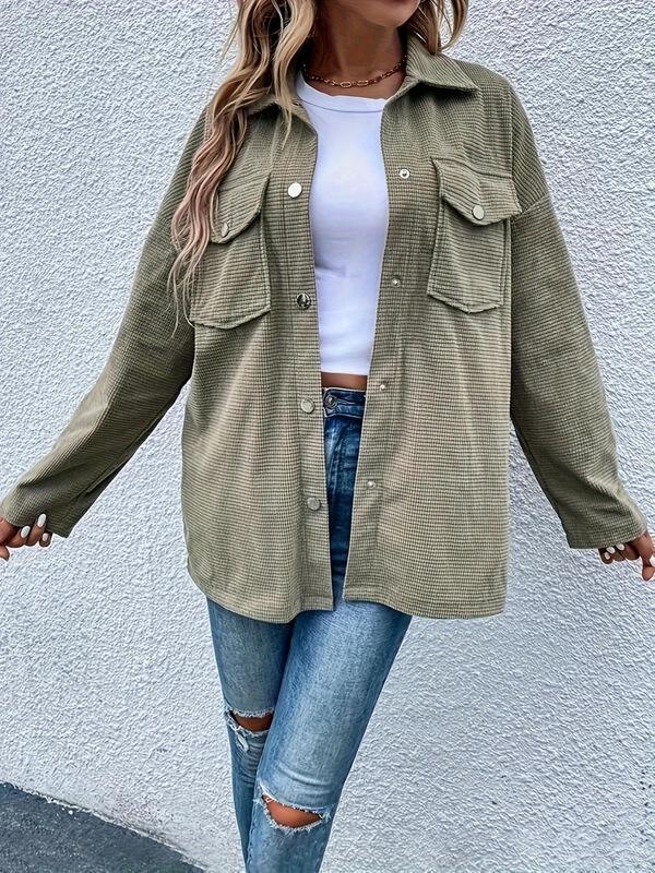  Solid Button Front Pocket Drop Shoulder Coat, Casual Long Sleeve Collared Outerwear Jackets for Fall & Winter, Women's Clothes for Daily Wear for Christmas