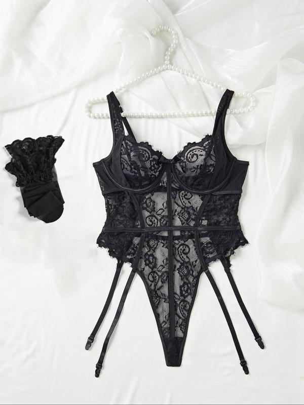 Women's Floral Lace Sheer Sexy Lingerie Set, Romantic Teddy Lingerie & Stockings Set, Lingerie Set for Women