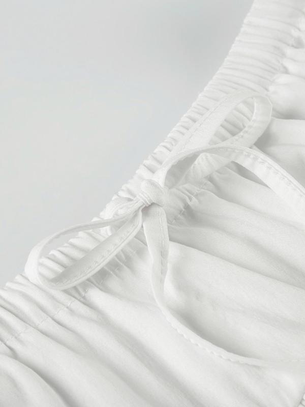 Women's Solid Drawstring Waist Lace Trim Tiered Layer Skirt, Casual Short Skirt for Summer, Women's Bottoms for Daily Wear