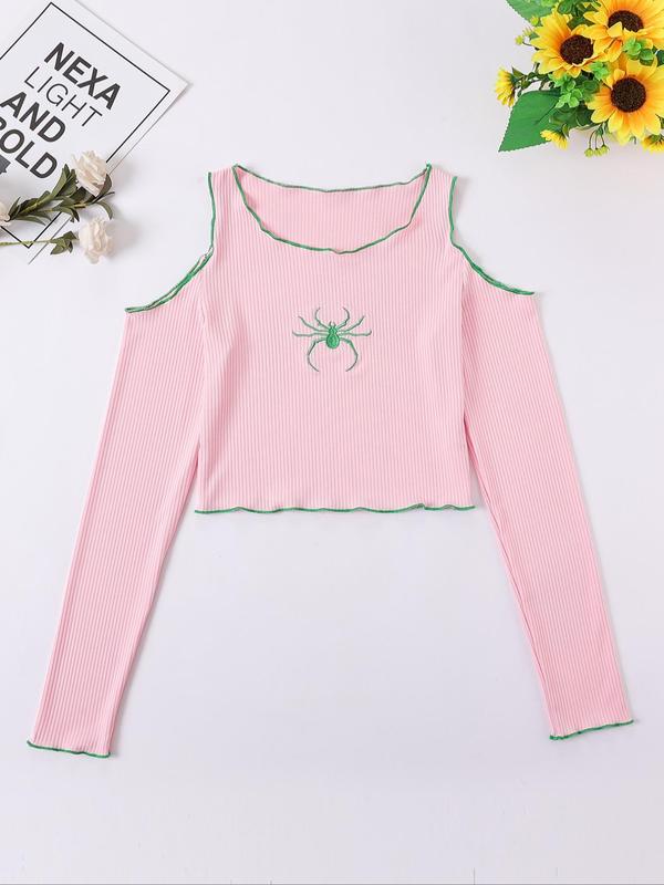 Women's Spider Embroidery Lettuce Trim Cold Shoulder Crop Tee, Y2K Trendy Long Sleeve Cut Out T-shirt for Daily Wear, Ladies Clothes for All Seasons