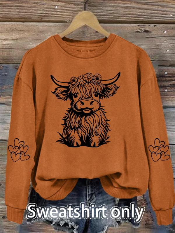 Women's Cartoon Highland Cow Print Drop Shoulder Sweatshirt, Casual Long Sleeve Round Neck Pullover for Fall & Winter, Sweatshirts for Women, Women's Clothes for Daily Wear