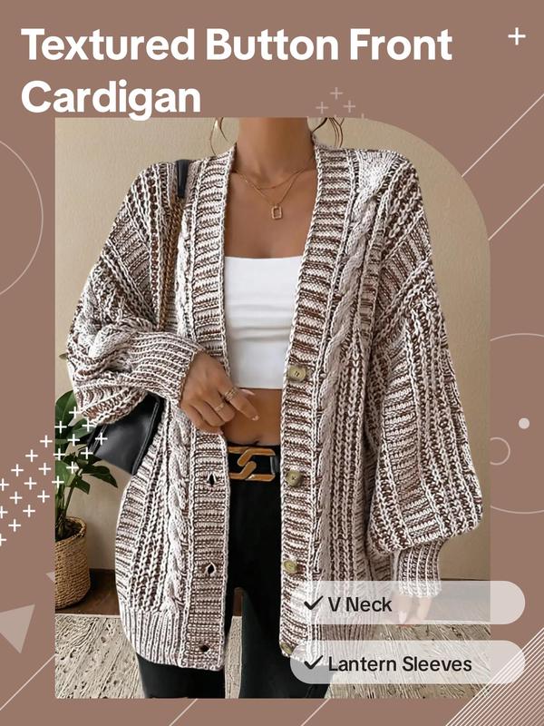 Women's Textured Lantern Sleeve Button Front Cardigan, Casual V Neck Long Sleeve Chunky Cardigan, Ladies Knitwear for Fall, Daily Wear, Comfort Cardigan for Women