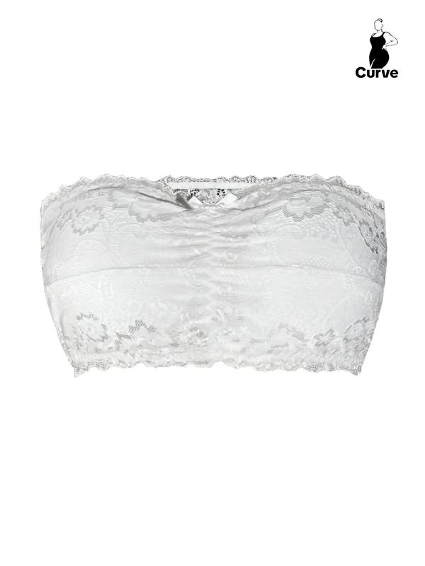 Plus Size Bow Decor Floral Lace Wireless Strapless Push Up Bra, Elegant Comfortable Bandeau Bralette Lingerie Top for Daily Wear, Women's Plus Size Lingerie for All Seasons