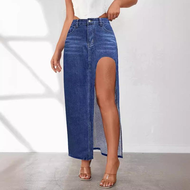 Women's Slit denim skirt for  style washed solid color mid-length skirt Jean Hippie Bottom Womenswear Cargo Maxi Parachute Retro Underwear