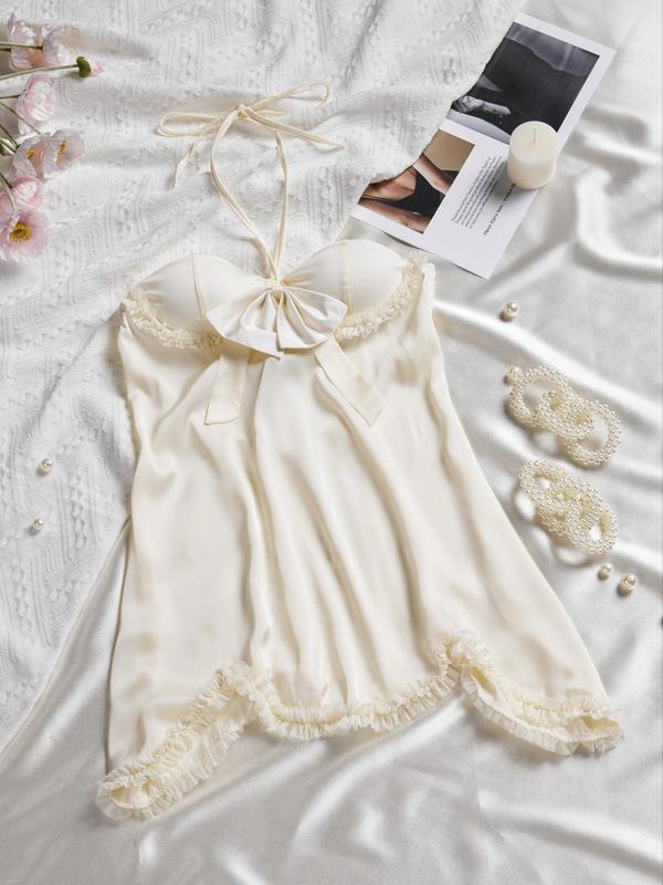 Women's Contrast Lace Big Bow Tie Back Cami Nightdress PJ, Elegant Soft Comfy Halter Nightgown Nighties for All Seasons, Women's Sleepwear for Indoor Wear