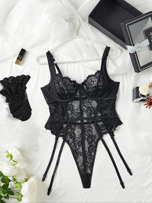 Women's Floral Lace Sheer Sexy Lingerie Set, Romantic Teddy Lingerie & Stockings Set, Lingerie Set for Women