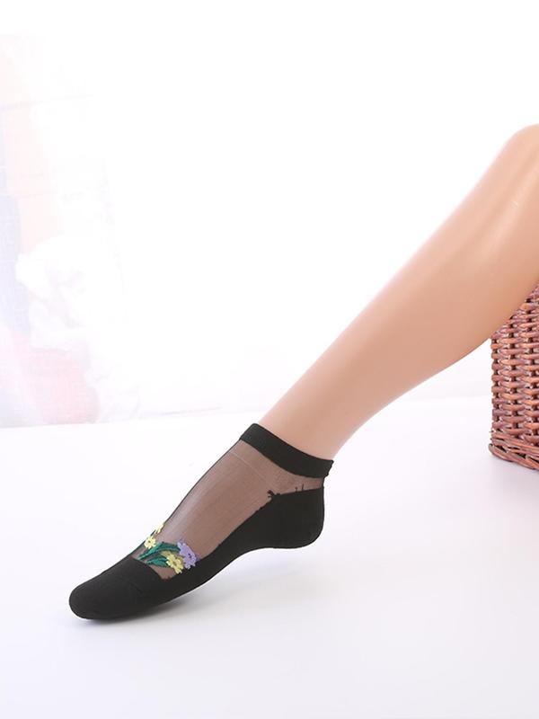 Women's 5 Pairs Floral Print Contrast Mesh Ankle Socks, Summer 2024, Comfy Breathable Low Cut Socks For Summer, Women's Socks & Hosiery