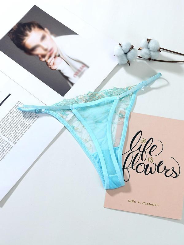 Women's Solid Floral Embroidery Sheer Sexy Thong, Breathable Comfortable Adjustable Strap Panty for Daily Wear, Women's Underwear for All Seasons