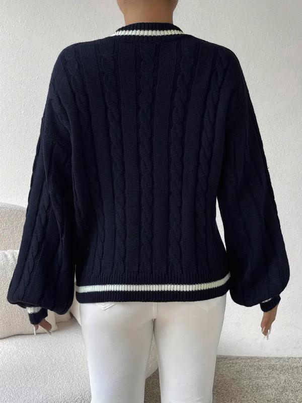 Women's Contrast Binding Drop Shoulder Cable Knit Sweater, Casual Long Sleeve V Neck Jumper for Spring & Fall, Sweaters for Women, Fashion Women's Knitwear for Daily Wear, Fall Outfits 2024, Fall Outfits, Fallfreshness Downtown Girl Clothes