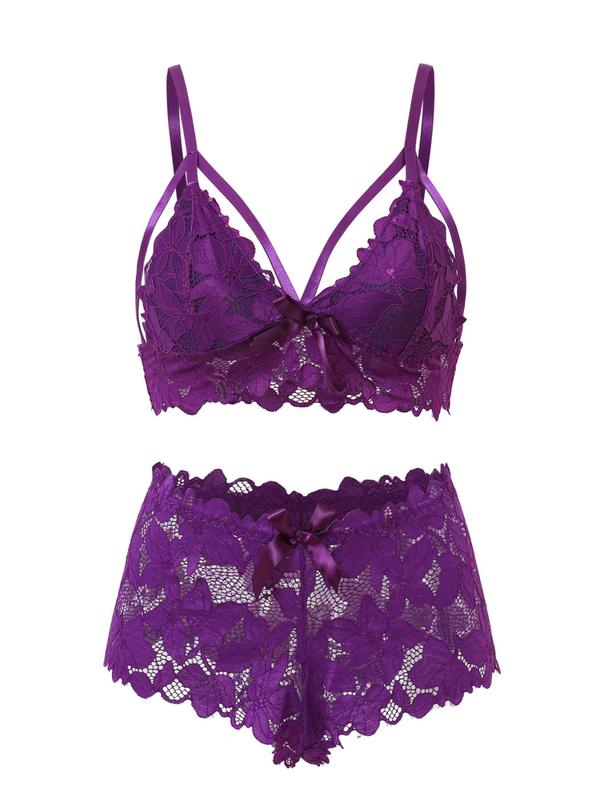  Women's Bow Decor Lace Bra & Scallop Trim Brief Boxer Set, Adjustable Strap Push Up Lingerie & Sheer Panty Set, Lingerie Set for Women, Soft Comfy Breathable Underwear Set for Women, 2 Piece Sets Women