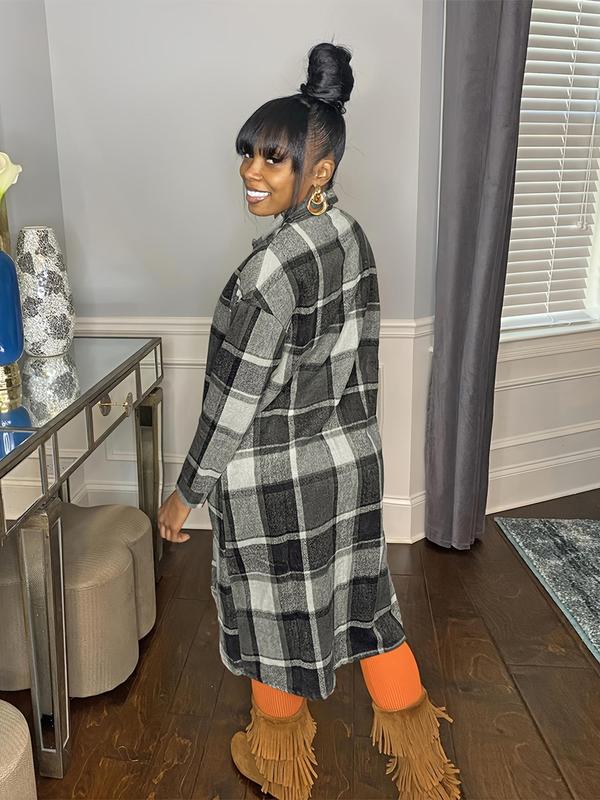 Women's Plaid Print Button Front Split Hem Overcoat, Casual Jackets, Drop Shoulder Long Sleeve Collared Coat for Fall, Coats for Winter Women 2024, Women's Clothing for Daily Womenswear Girl Clothes