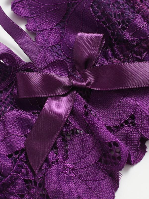  Women's Bow Decor Lace Bra & Scallop Trim Brief Boxer Set, Adjustable Strap Push Up Lingerie & Sheer Panty Set, Lingerie Set for Women, Soft Comfy Breathable Underwear Set for Women, 2 Piece Sets Women