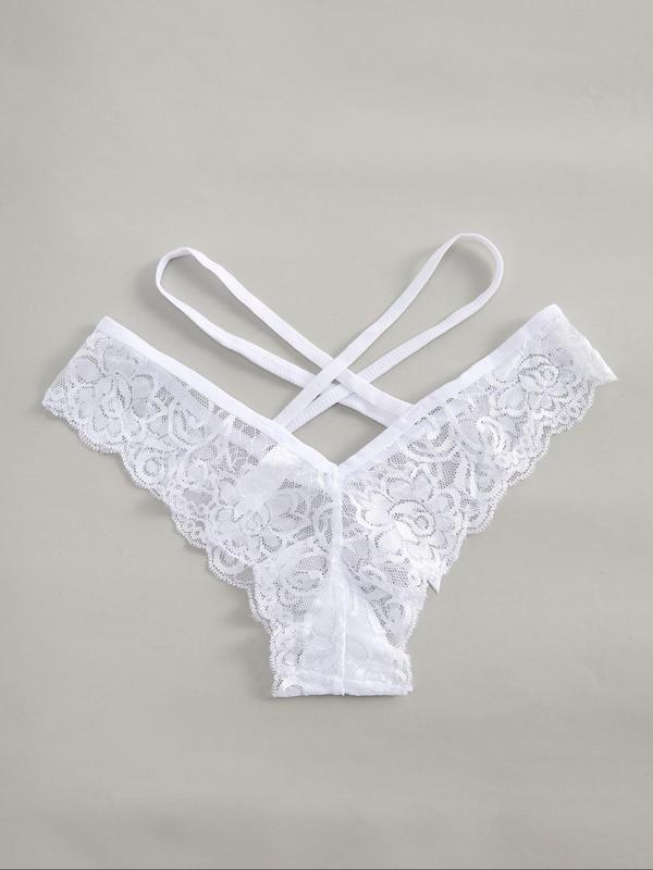 Women's Floral Lace Criss Cross Bow Decor Sheer Thong Set, Fall Wear, Breathable Comfortable Scallop Trim Sexy Knicker, Underwear, Womenswear, Soft Lingerie Set for All Seasons, Birthday Wear Black Girl, Fall Wear