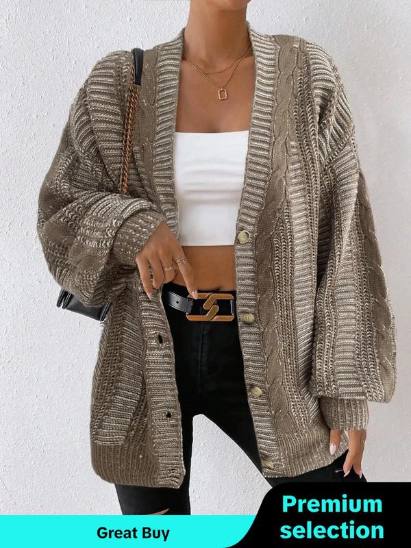Women's Textured Lantern Sleeve Button Front Cardigan, Casual V Neck Long Sleeve Chunky Cardigan, Ladies Knitwear for Fall, Daily Wear, Comfort Cardigan for Women