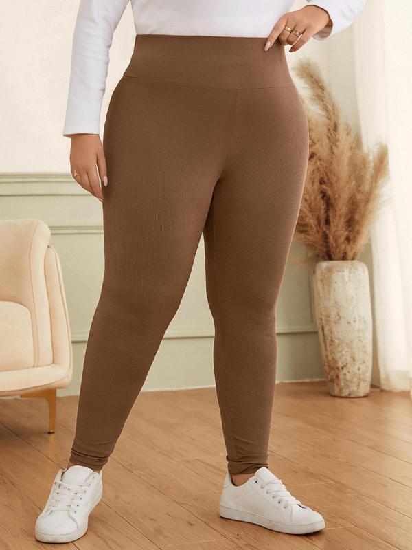 CURVZY Plus Size Solid High Waist Ribbed Leggings, Casual Comfy Skinny Pants for Daily Wear, Women's Bottoms for All Seasons