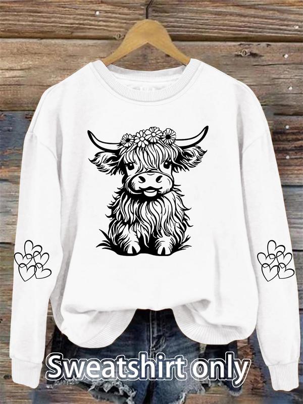Women's Cartoon Highland Cow Print Drop Shoulder Sweatshirt, Casual Long Sleeve Round Neck Pullover for Fall & Winter, Sweatshirts for Women, Women's Clothes for Daily Wear