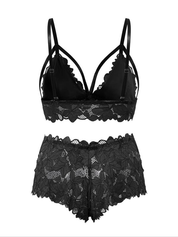  Women's Bow Decor Lace Bra & Scallop Trim Brief Boxer Set, Adjustable Strap Push Up Lingerie & Sheer Panty Set, Lingerie Set for Women, Soft Comfy Breathable Underwear Set for Women, 2 Piece Sets Women
