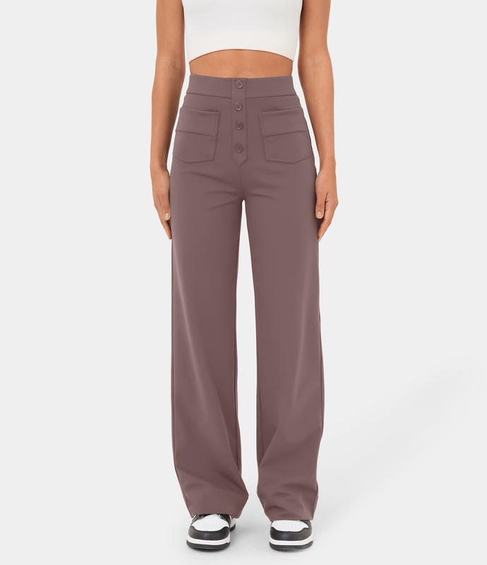 High Waisted Button Multiple Pockets Straight Leg Casual Pants