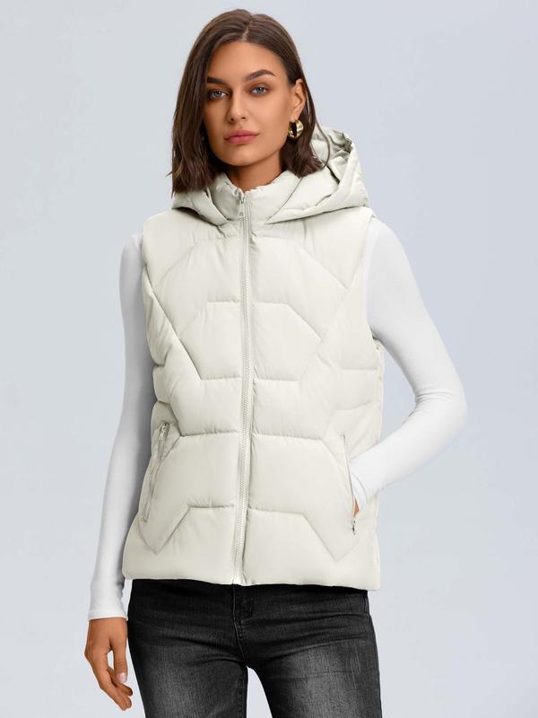 Women's Solid Quilted Hooded Vest Jacket, Casual Puffer Sleeveless Outerwear for Fall & Winter, Women's Clothes for Daily Wear