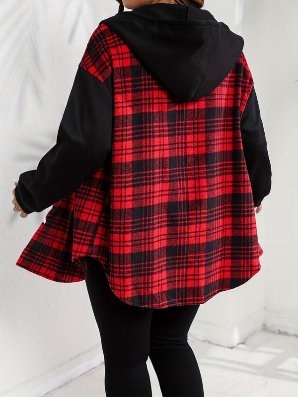 Plus Size Colorblock Plaid Print Button Front Shirt Jacket, Casual Drop Shoulder Long Sleeve Flap Pocket Outerwear for Fall & Winter, Women's Clothes for Daily Wear