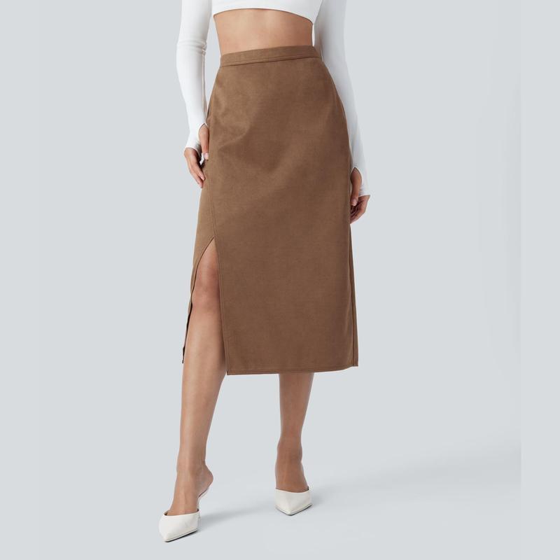 Halara High Waisted Side Pocket Split Suede Midi Work Skirt