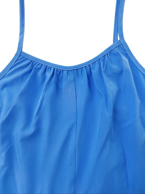 Women's Basic Plain Ruched Ruffle Hem Maxi Jumpsuit, Lady Minimalist Boho Casual Comfort Spaghetti Strap Sleeveless Flared Leg Overalls for Summer, Ladies Clothes for Daily Wear, Womenswear, Jumpsuits for Women, Summer Outfits 2024