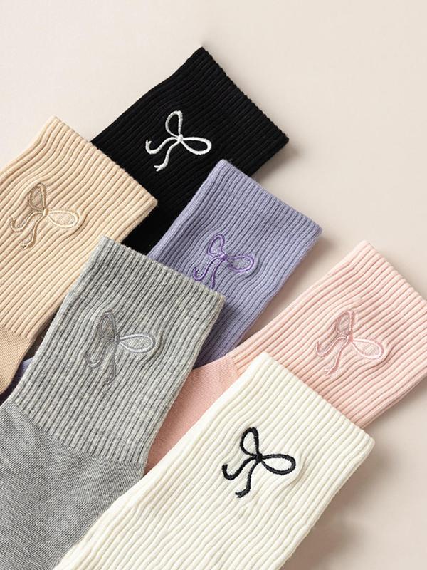 Women's Bow Embroidery Crew Socks, Soft Comfortable Breathable Socks for Daily Wear, Multipack Knit Socks for All Seasons