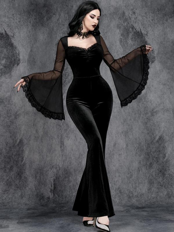 Women's Contrast Mesh Lace Trim Flounce Sleeve Flare Leg Jumpsuit, Punk Ruched Sweetheart Neck Long Sleeve  Jumpsuit for Party Holiday, Ladies Clothes for All Seasons