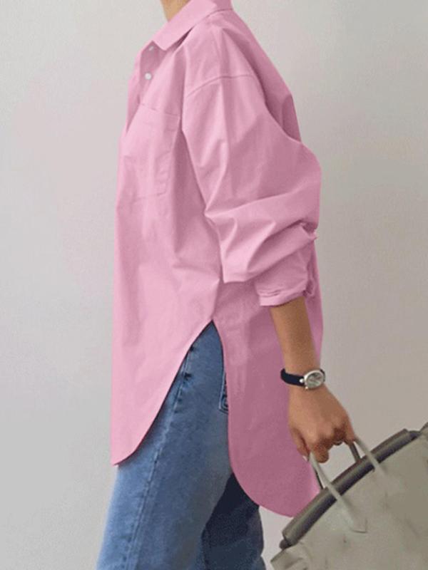 Women's Plain Button Front Drop Shoulder Shirt, Casual Long Sleeve Collared Top for Fall & Winter, Women's Clothing for Daily Wear