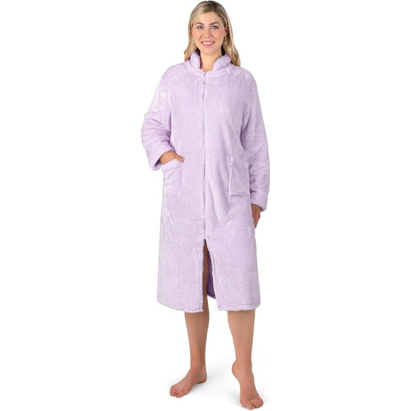 Womens Housecoat Zip Robe, Sherpa Zip Up Front Robe Bathrobe, Plush Warm Zipper House Coat Lounger, Pockets Fluffy